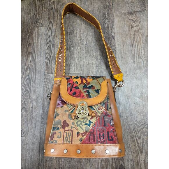 Handmade Embossed Tooled Brown Leather Multicolor Boho Bucket Shoulder Bag - Picture 1 of 10